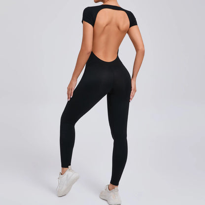 Women's One-piece Yoga Jumpsuit Short Sleeve Open Back Slim Fit Sports Outfit Tights Quick-drying Hip Lift Gym Fitness Clothes