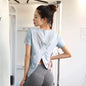 New Hem Opening Sports Tops Women Loose Quick-Dry Yoga T-Shirt Sexy Backless Net Yarn Patchwork Running Training T Shirts