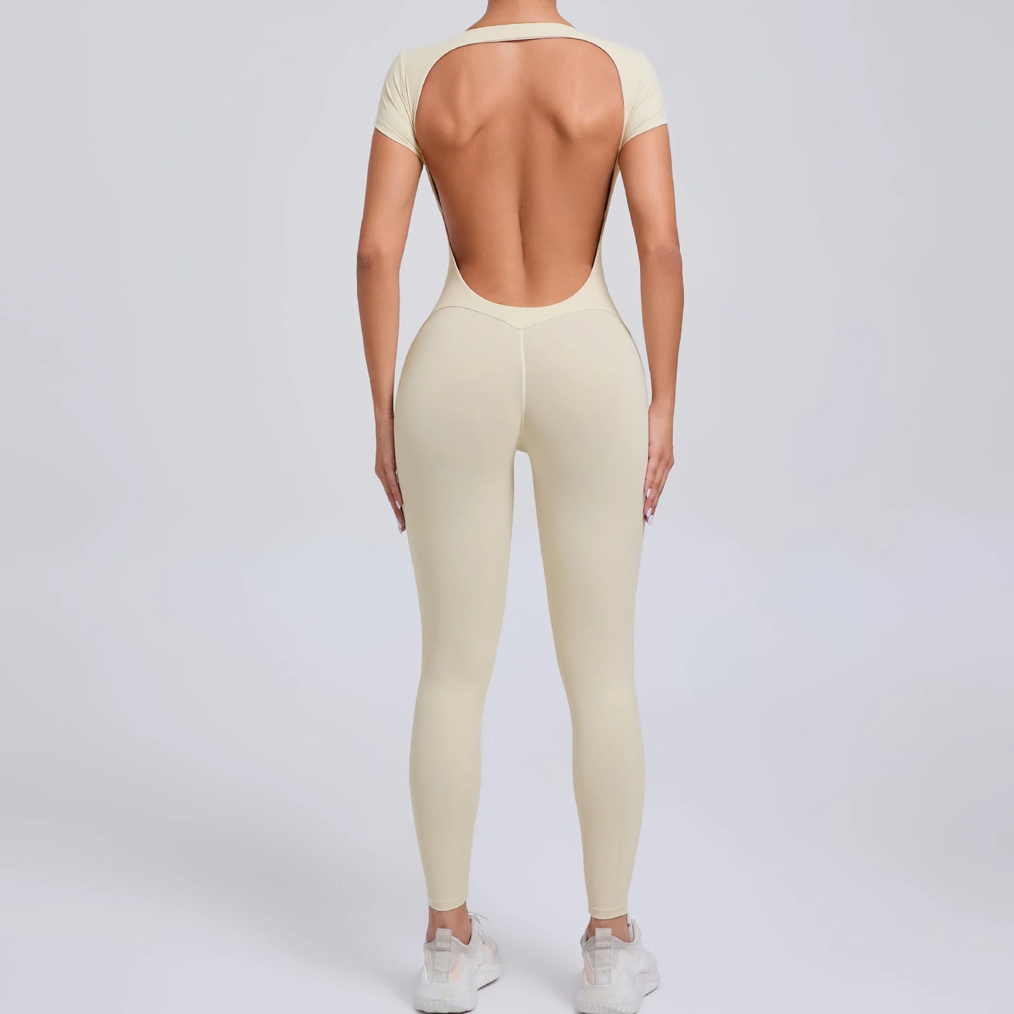 Women's One-piece Yoga Jumpsuit Short Sleeve Open Back Slim Fit Sports Outfit Tights Quick-drying Hip Lift Gym Fitness Clothes