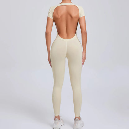 Women's One-piece Yoga Jumpsuit Short Sleeve Open Back Slim Fit Sports Outfit Tights Quick-drying Hip Lift Gym Fitness Clothes