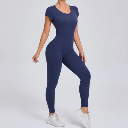 Women's One-piece Yoga Jumpsuit Short Sleeve Open Back Slim Fit Sports Outfit Tights Quick-drying Hip Lift Gym Fitness Clothes