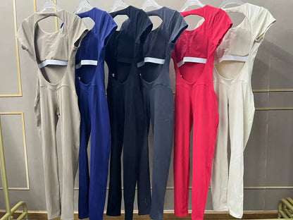 Women's One-piece Yoga Jumpsuit Short Sleeve Open Back Slim Fit Sports Outfit Tights Quick-drying Hip Lift Gym Fitness Clothes