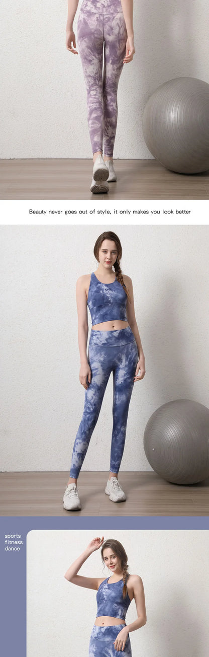 Women's High-Waist Hip-Lifting Seamless Yoga Sets Tie-Dye Sports Fitness Workout Gym Leggings with Beauty Back Bra Suits