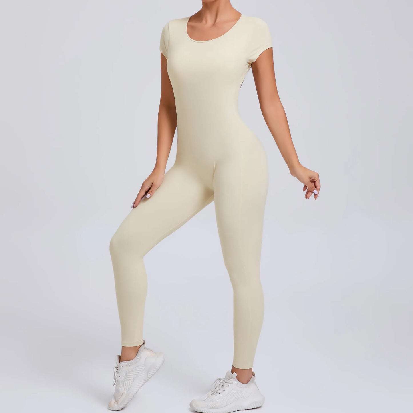 Women's One-piece Yoga Jumpsuit Short Sleeve Open Back Slim Fit Sports Outfit Tights Quick-drying Hip Lift Gym Fitness Clothes