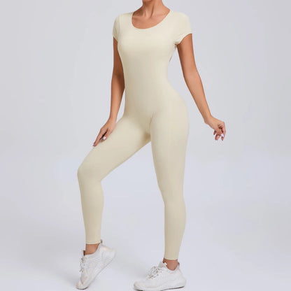 Women's One-piece Yoga Jumpsuit Short Sleeve Open Back Slim Fit Sports Outfit Tights Quick-drying Hip Lift Gym Fitness Clothes