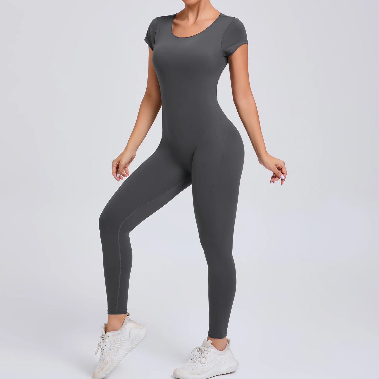 Women's One-piece Yoga Jumpsuit Short Sleeve Open Back Slim Fit Sports Outfit Tights Quick-drying Hip Lift Gym Fitness Clothes