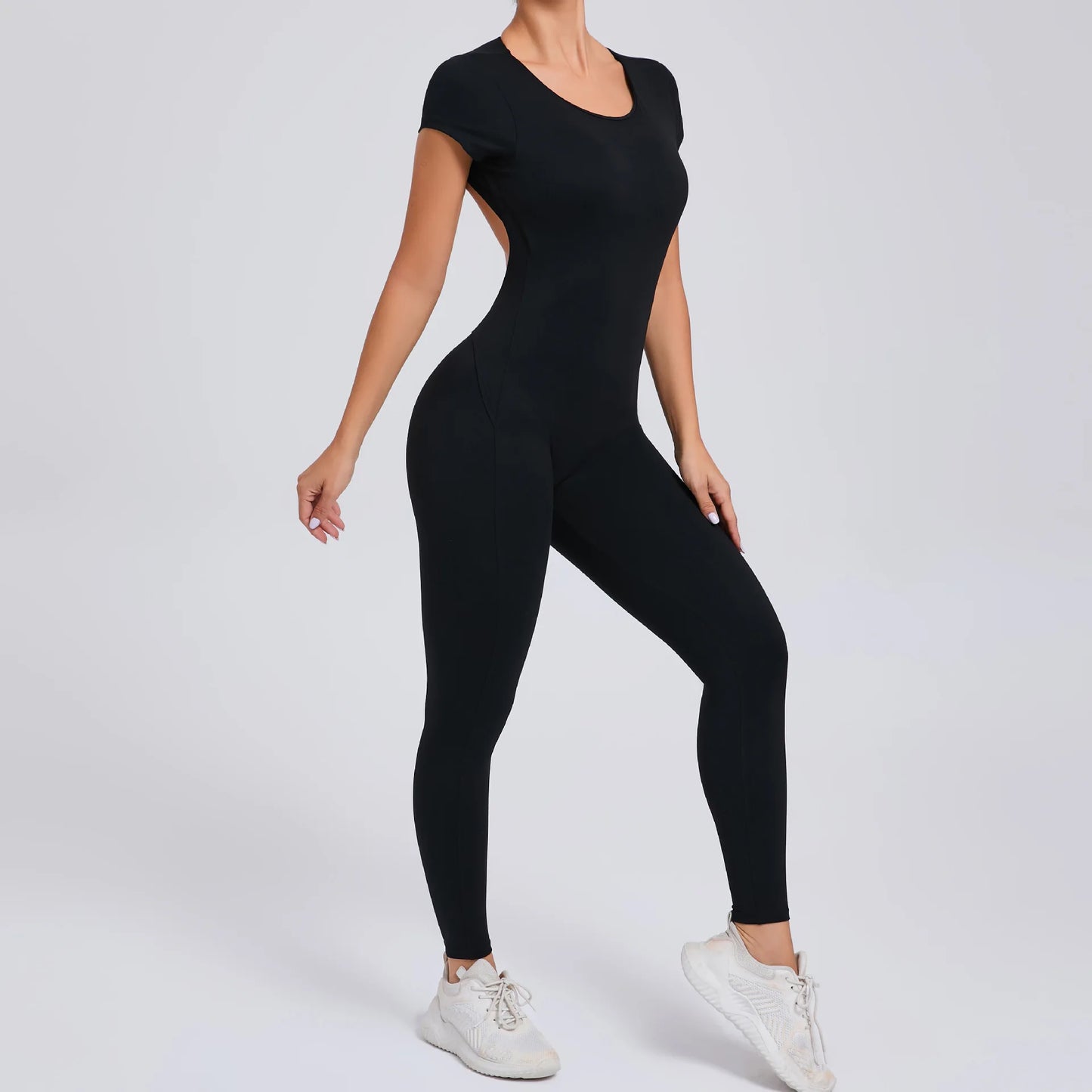 Women's One-piece Yoga Jumpsuit Short Sleeve Open Back Slim Fit Sports Outfit Tights Quick-drying Hip Lift Gym Fitness Clothes