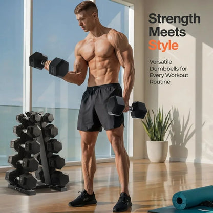 Weights Dumbbells Set with Rack - 150 lb Rubber-Coated Dumbbells for Easy Grip