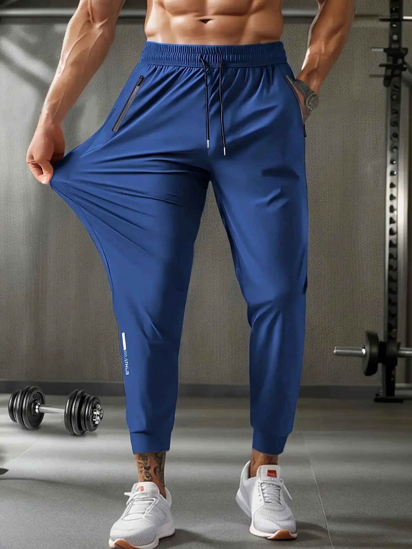 Men's Waist Drawstring Quick-drying High Elasticity Solid Color Sports Training Outdoor Long Pants With Zipper Pockets