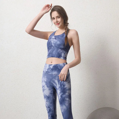 Women's High-Waist Hip-Lifting Seamless Yoga Sets Tie-Dye Sports Fitness Workout Gym Leggings with Beauty Back Bra Suits