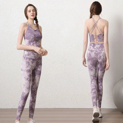 Women's High-Waist Hip-Lifting Seamless Yoga Sets Tie-Dye Sports Fitness Workout Gym Leggings with Beauty Back Bra Suits