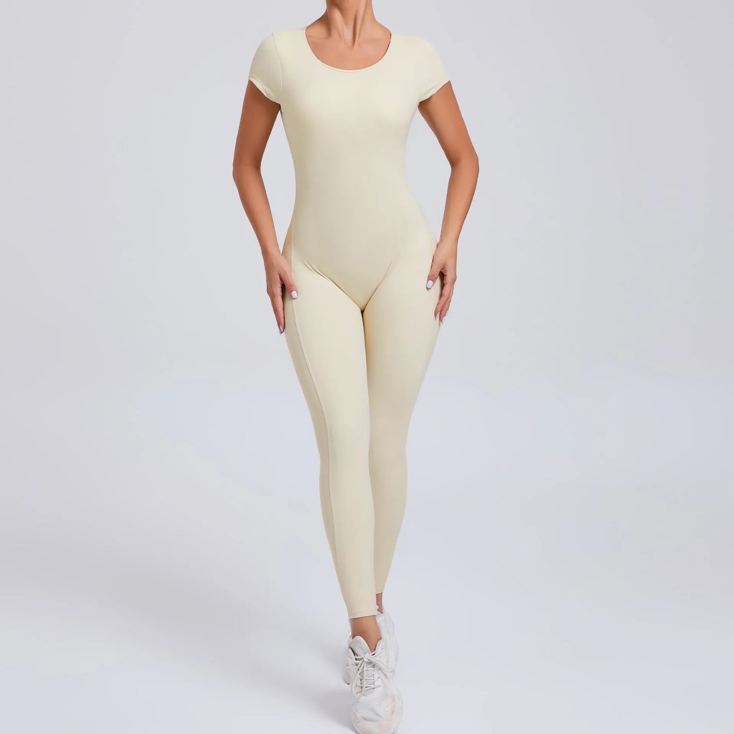 Women's One-piece Yoga Jumpsuit Short Sleeve Open Back Slim Fit Sports Outfit Tights Quick-drying Hip Lift Gym Fitness Clothes