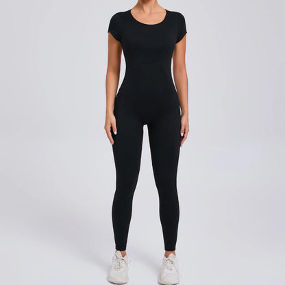 Women's One-piece Yoga Jumpsuit Short Sleeve Open Back Slim Fit Sports Outfit Tights Quick-drying Hip Lift Gym Fitness Clothes