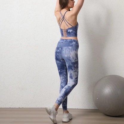 Women's High-Waist Hip-Lifting Seamless Yoga Sets Tie-Dye Sports Fitness Workout Gym Leggings with Beauty Back Bra Suits
