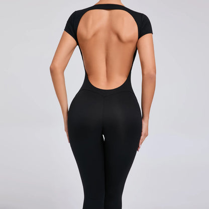 Women's One-piece Yoga Jumpsuit Short Sleeve Open Back Slim Fit Sports Outfit Tights Quick-drying Hip Lift Gym Fitness Clothes
