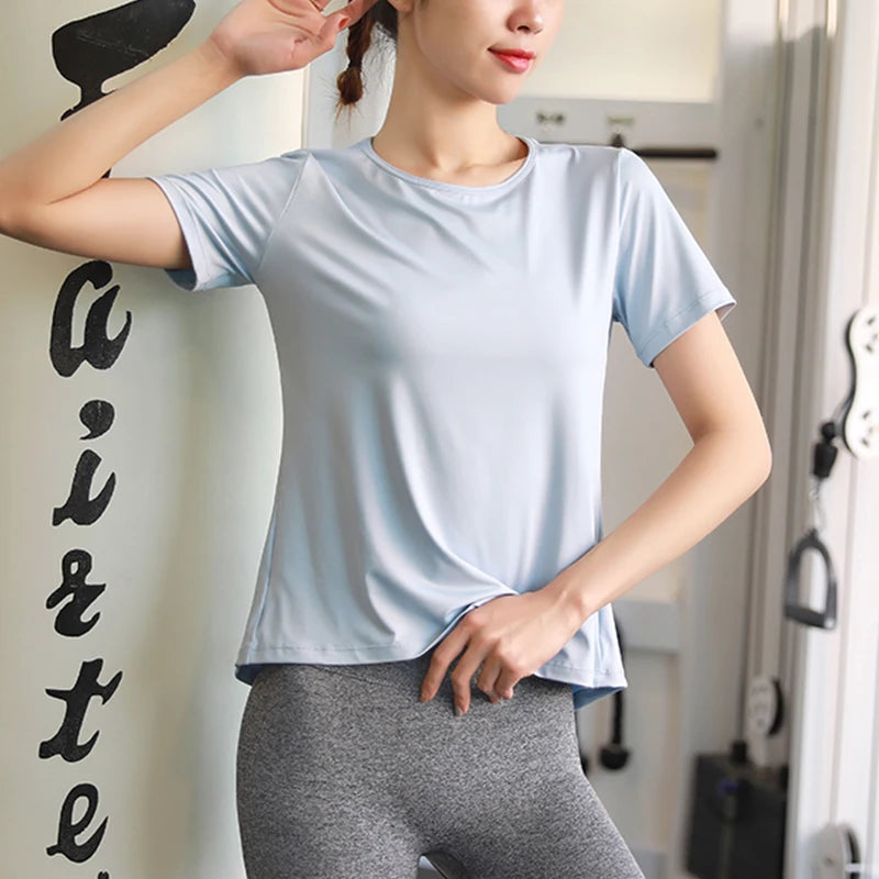 New Hem Opening Sports Tops Women Loose Quick-Dry Yoga T-Shirt Sexy Backless Net Yarn Patchwork Running Training T Shirts