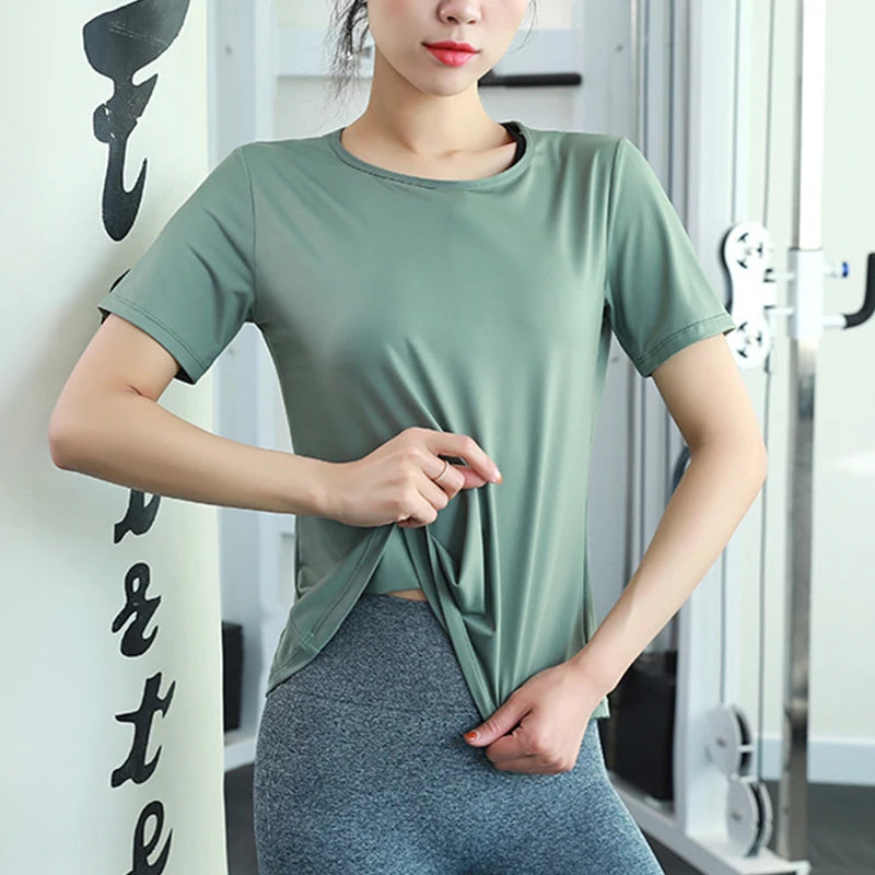 New Hem Opening Sports Tops Women Loose Quick-Dry Yoga T-Shirt Sexy Backless Net Yarn Patchwork Running Training T Shirts