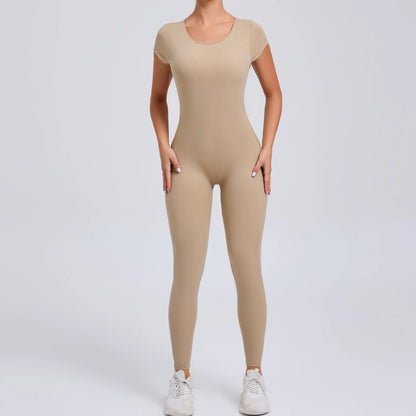 Women's One-piece Yoga Jumpsuit Short Sleeve Open Back Slim Fit Sports Outfit Tights Quick-drying Hip Lift Gym Fitness Clothes