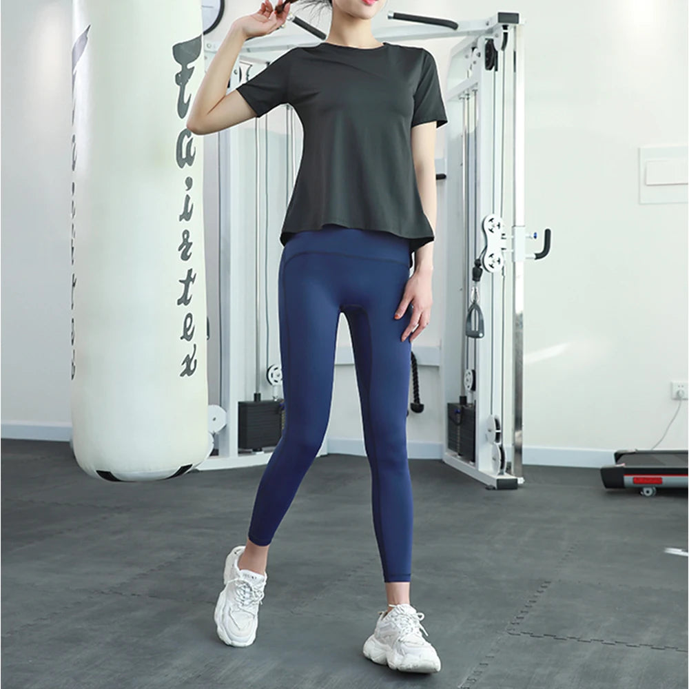 New Hem Opening Sports Tops Women Loose Quick-Dry Yoga T-Shirt Sexy Backless Net Yarn Patchwork Running Training T Shirts
