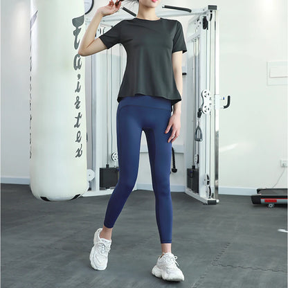 New Hem Opening Sports Tops Women Loose Quick-Dry Yoga T-Shirt Sexy Backless Net Yarn Patchwork Running Training T Shirts