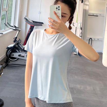 New Hem Opening Sports Tops Women Loose Quick-Dry Yoga T-Shirt Sexy Backless Net Yarn Patchwork Running Training T Shirts