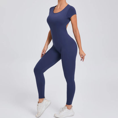 Women's One-piece Yoga Jumpsuit Short Sleeve Open Back Slim Fit Sports Outfit Tights Quick-drying Hip Lift Gym Fitness Clothes