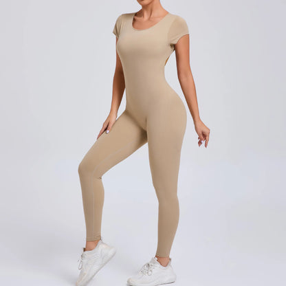 Women's One-piece Yoga Jumpsuit Short Sleeve Open Back Slim Fit Sports Outfit Tights Quick-drying Hip Lift Gym Fitness Clothes
