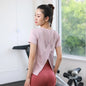 New Hem Opening Sports Tops Women Loose Quick-Dry Yoga T-Shirt Sexy Backless Net Yarn Patchwork Running Training T Shirts